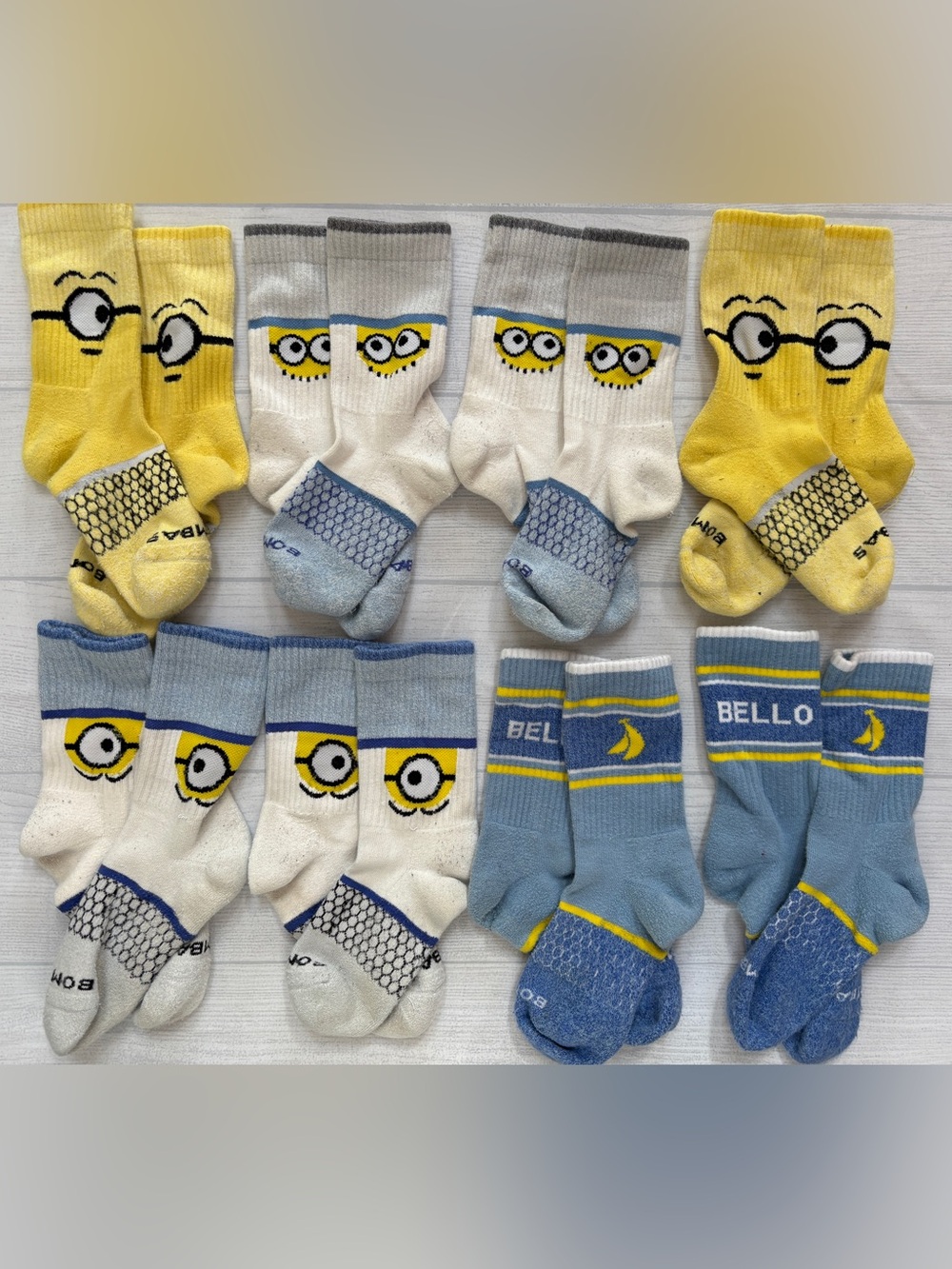 Bombas Kids Minion Graphic Crew Socks - Yellow, Blue & White